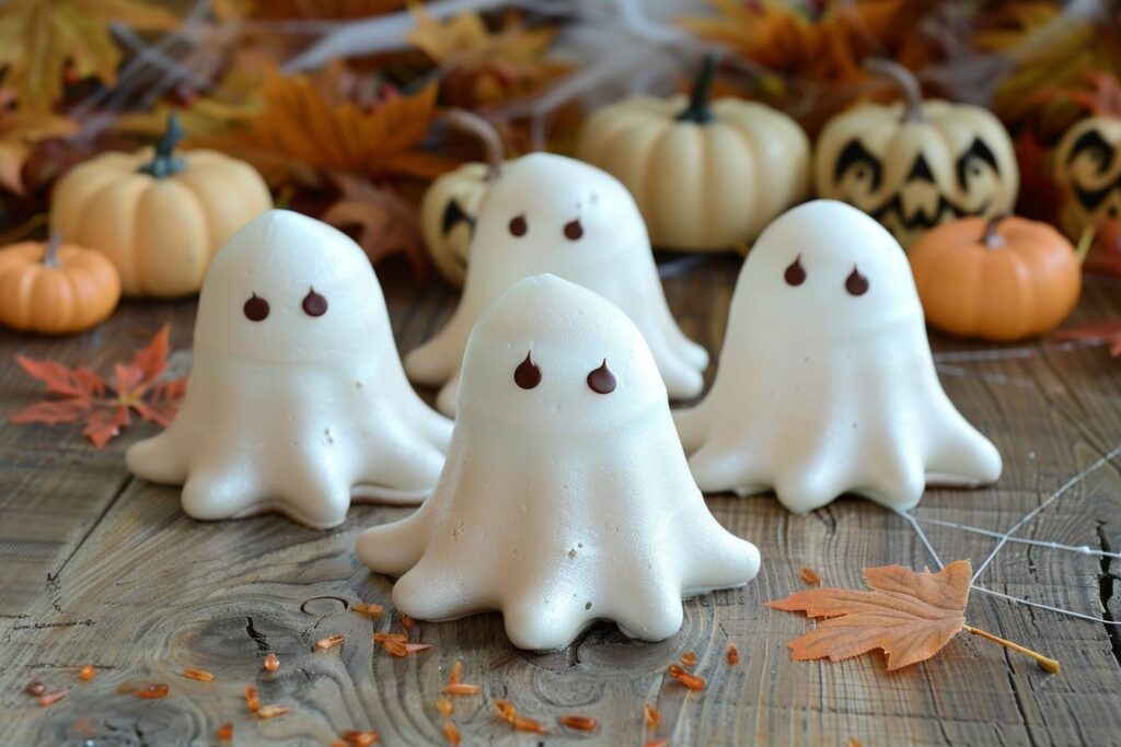 all images a set of ghost shaped meringues arranged on a rustic wooden table with a slight patina (1)