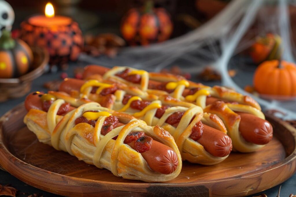 all images create a fun and spooky scene of halloween themed 'mummy hot dogs (1)