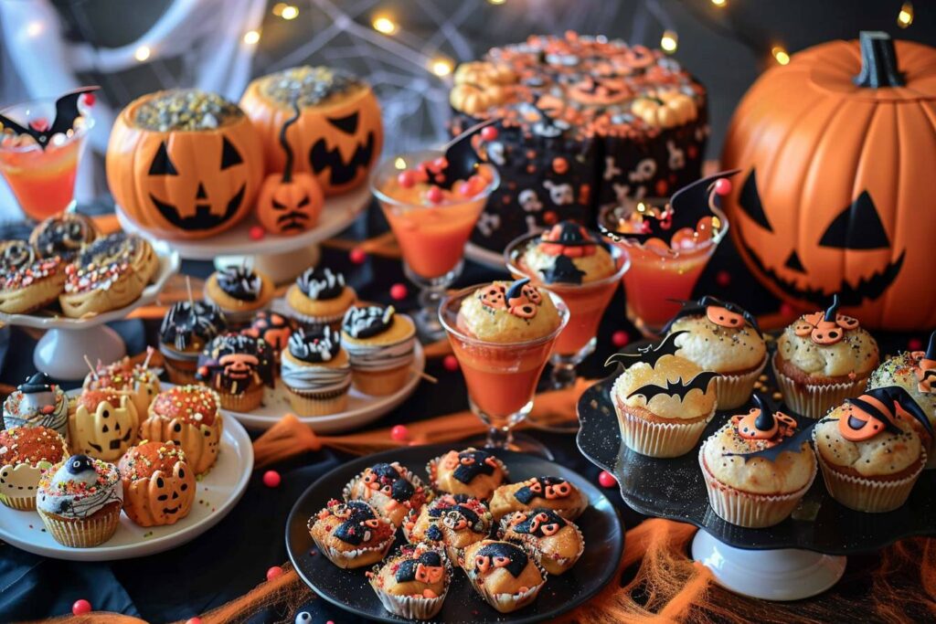 all images halloween buffet with festive and spooky decorations; black and orange tablecloths, carved pumpkins, faux spider webs, small bat and ghost figurines (1)