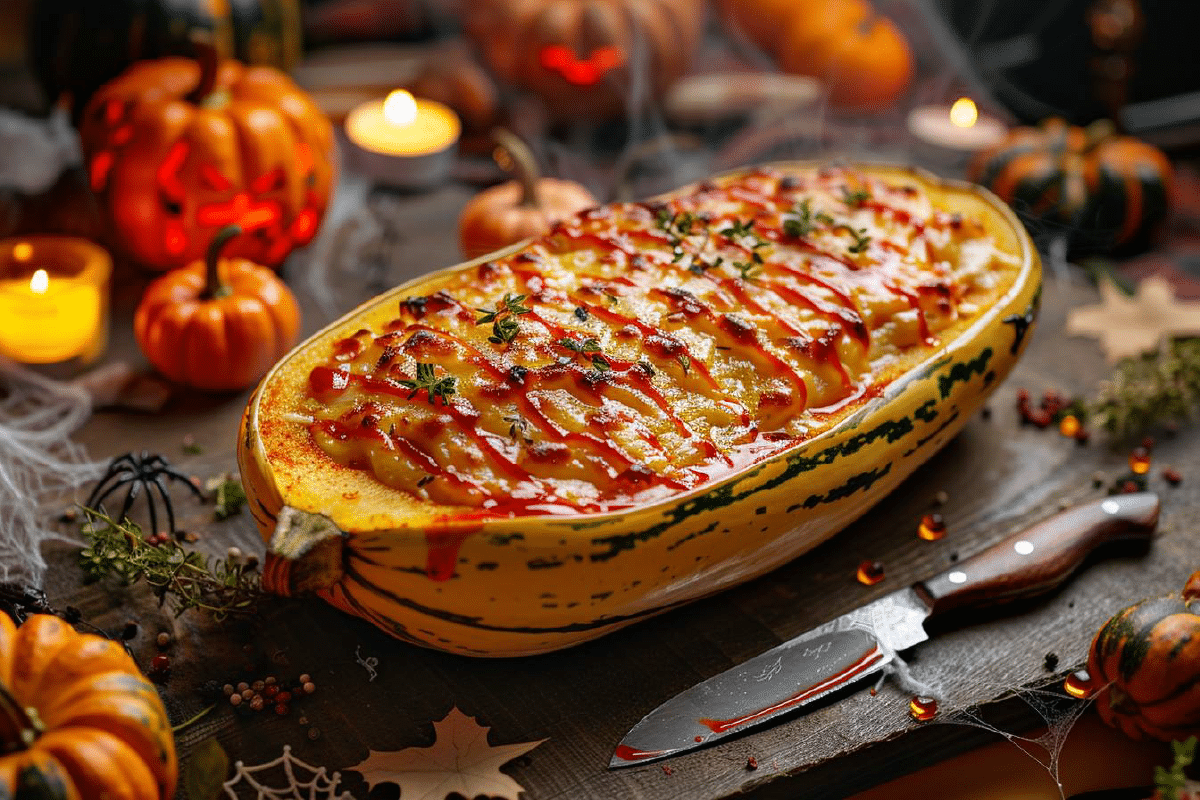 plat principal halloween courge farcie au fromage avec une touche d'horreur